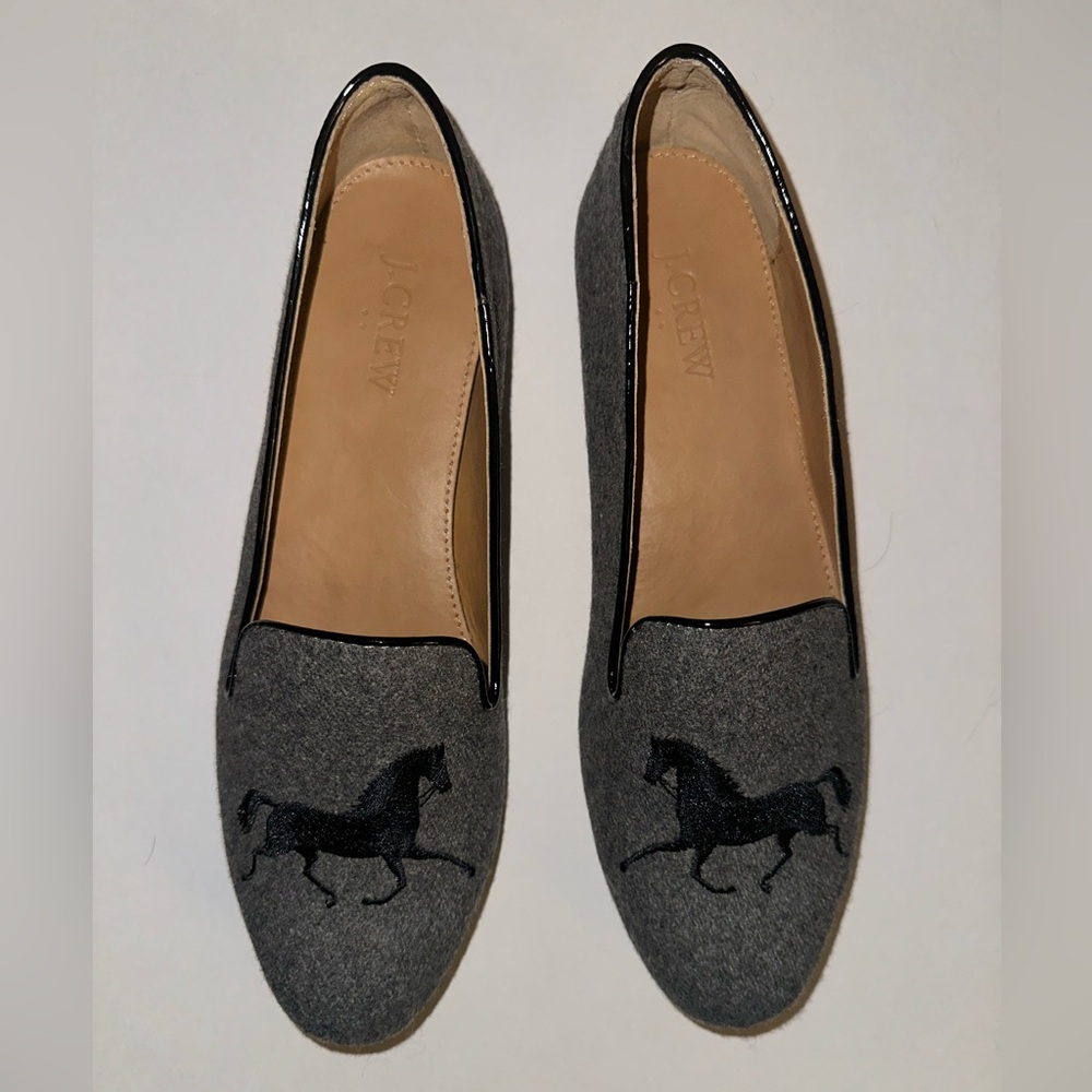 J. Crew Women’s Addie Gallop Horse Loafers Gray Wool Slip On Size 8.5